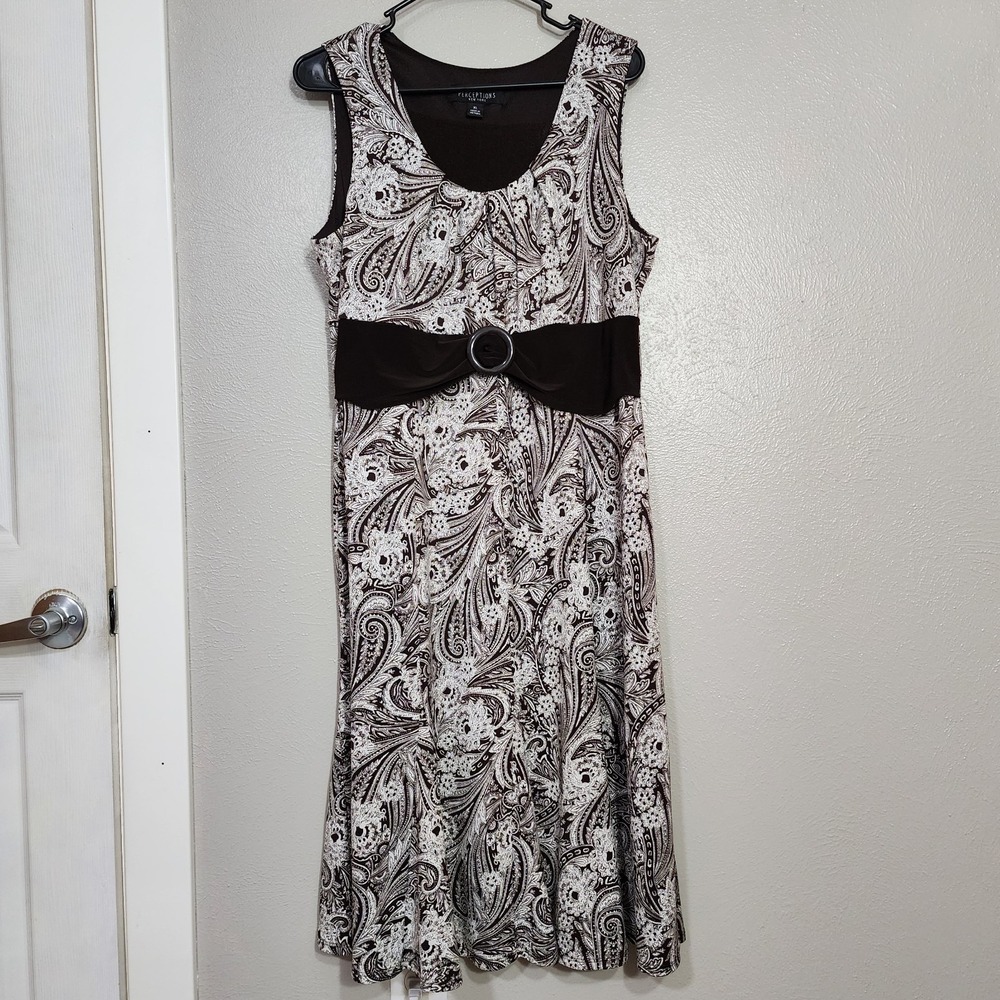 Perceptions New York Brown White Paisley Pattern Dress Size XL Belt Accent Midi